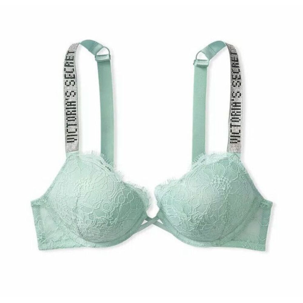 Victoria's Secret Very Sexy Lace Bombshell Push Up Shine Strap Bra 32D Mint Haze